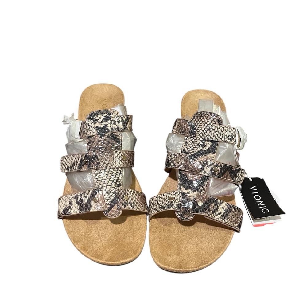 Vionic Orthotic Triple Snakeskin Strap Slide wedge Sandals size 12